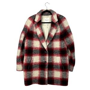 Madewell Black Red White Boucle Wool‎ Blend Depot Cocoon Plaid Coat Sz M